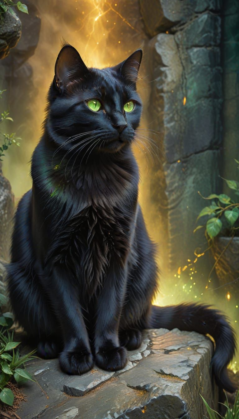 Mystical Black Cat with Emerald Eyes in Oil Painting