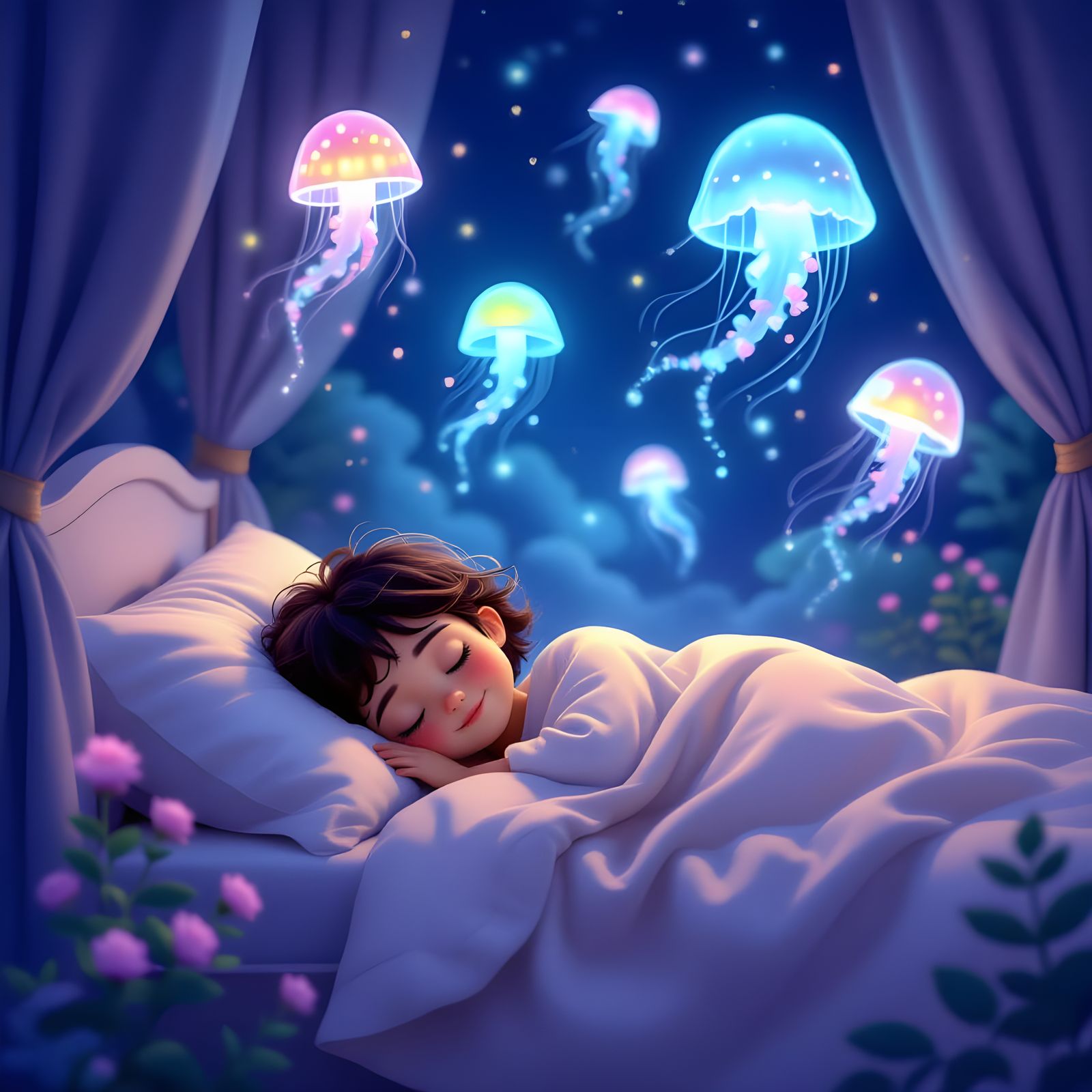 Child Sleeps Peacefully Amidst Glowing Magical Sea Creatures