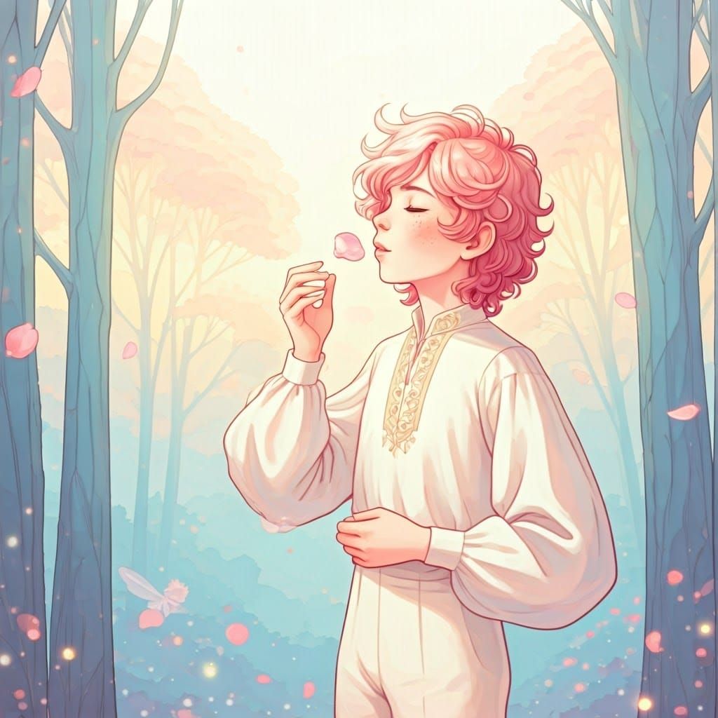 Whimsical Boy Blows Pastel Pink Rose in Enchanted Forest
