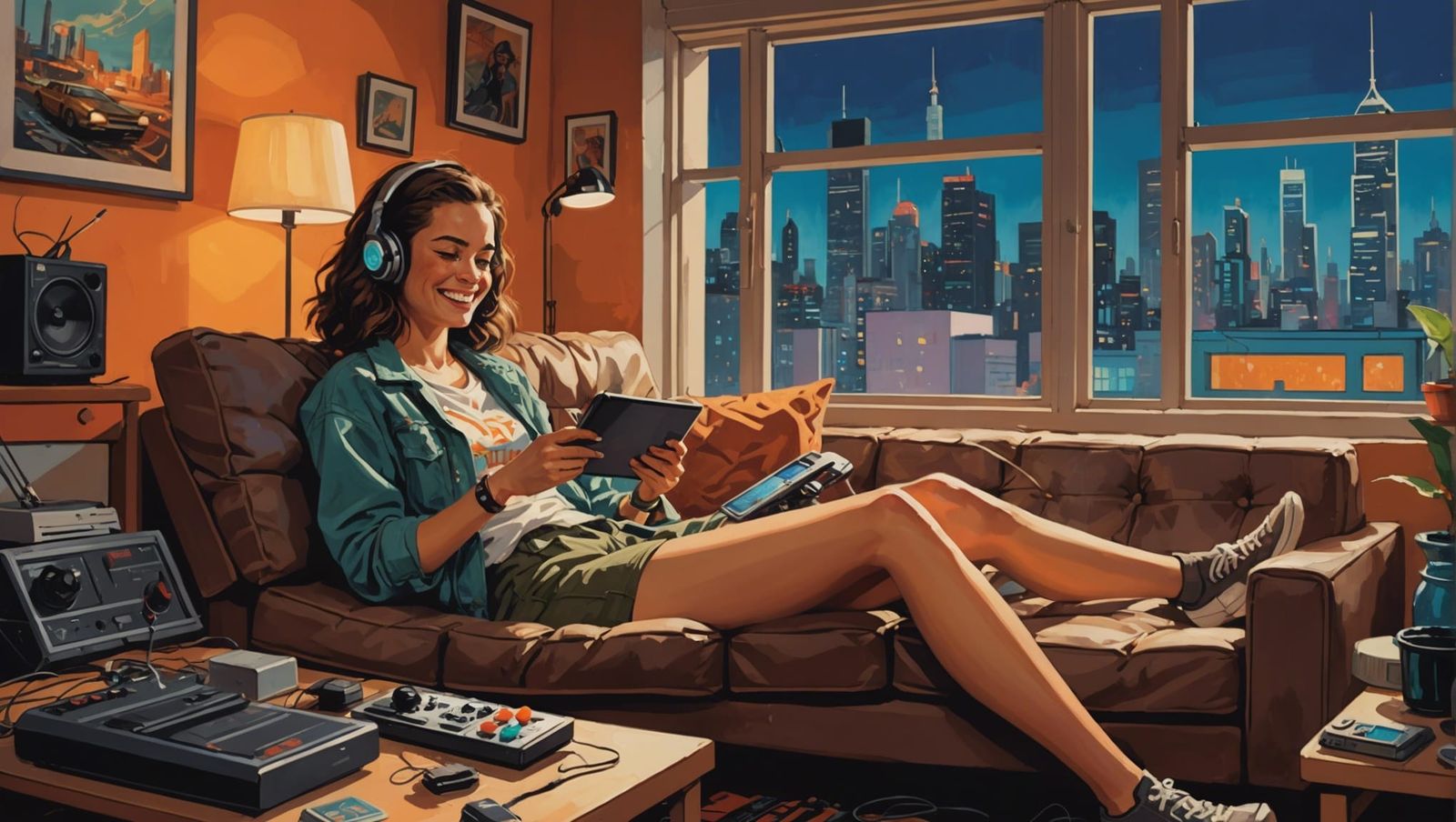 Girl Relaxing in Cyberpunk Apartment: Gouache Painting