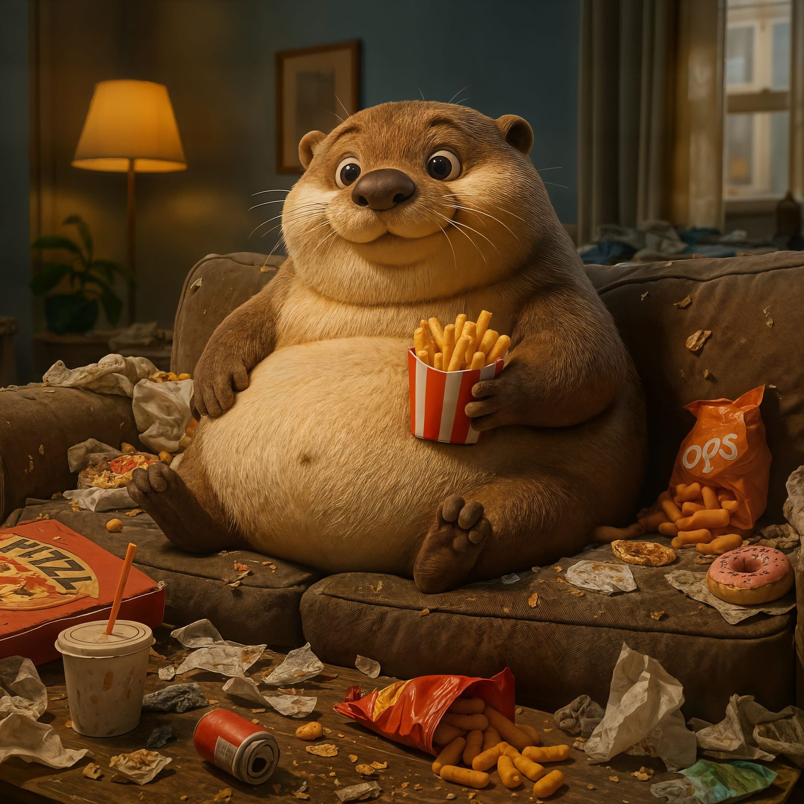 Cartoon Otter Surrounded by Junk Food