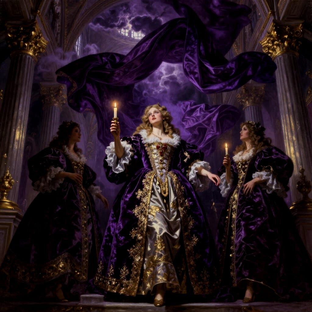 Baroque Oil Painting of a Violet Cathedral Hall