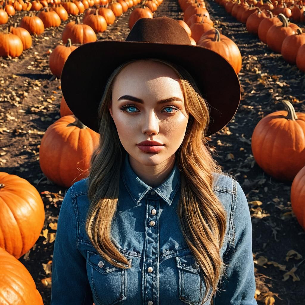 Cowgirl in Autumn Pumpkin Patch: Western Film Portrait
