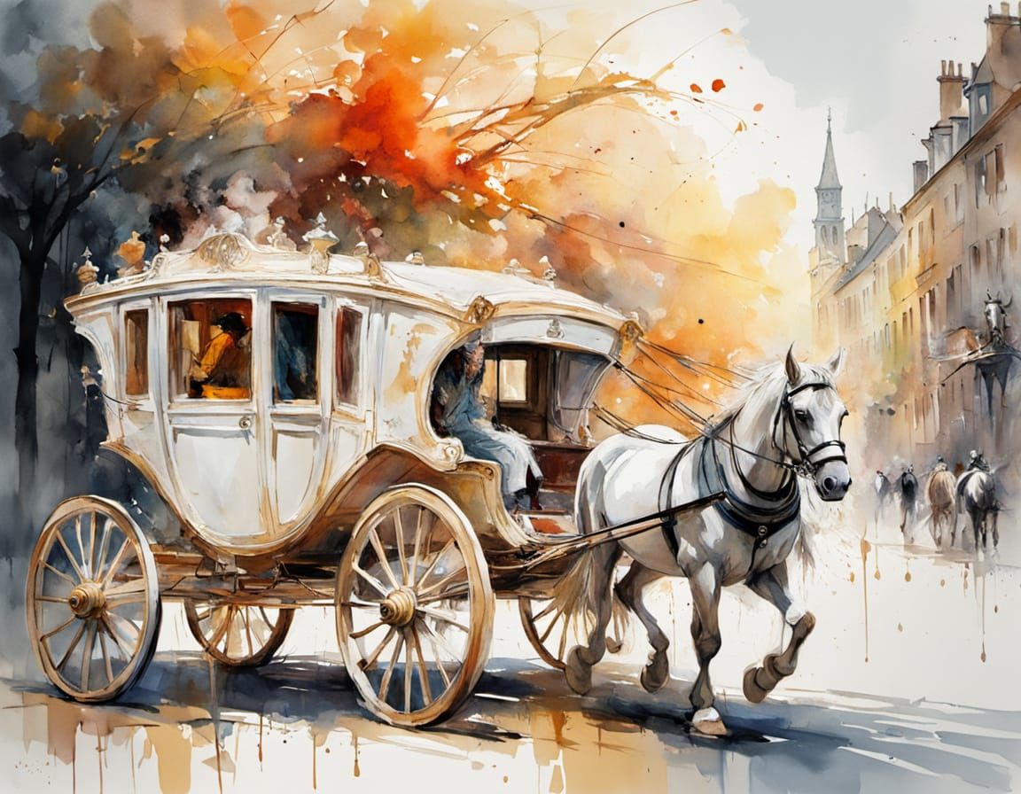 Horse-Drawn Carriage in London, Watercolor Painting
