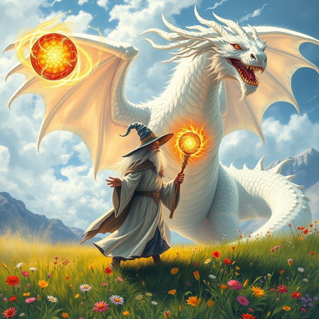 Wizard Basks in Joy with Majestic White Dragon
