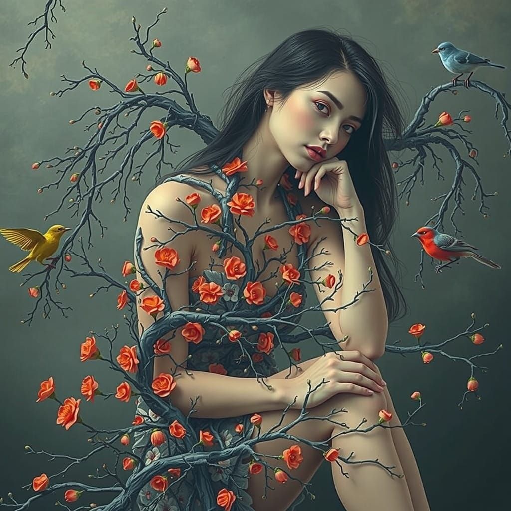 Woman Composed of Nature, in Whimsical Floral Art Style