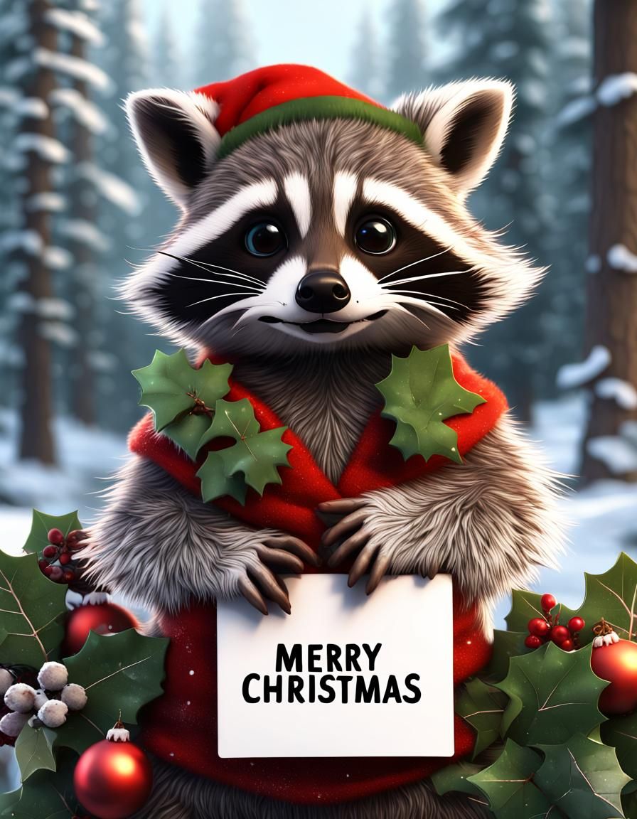 Festive Raccoon Celebrates Christmas in Winter Forest
