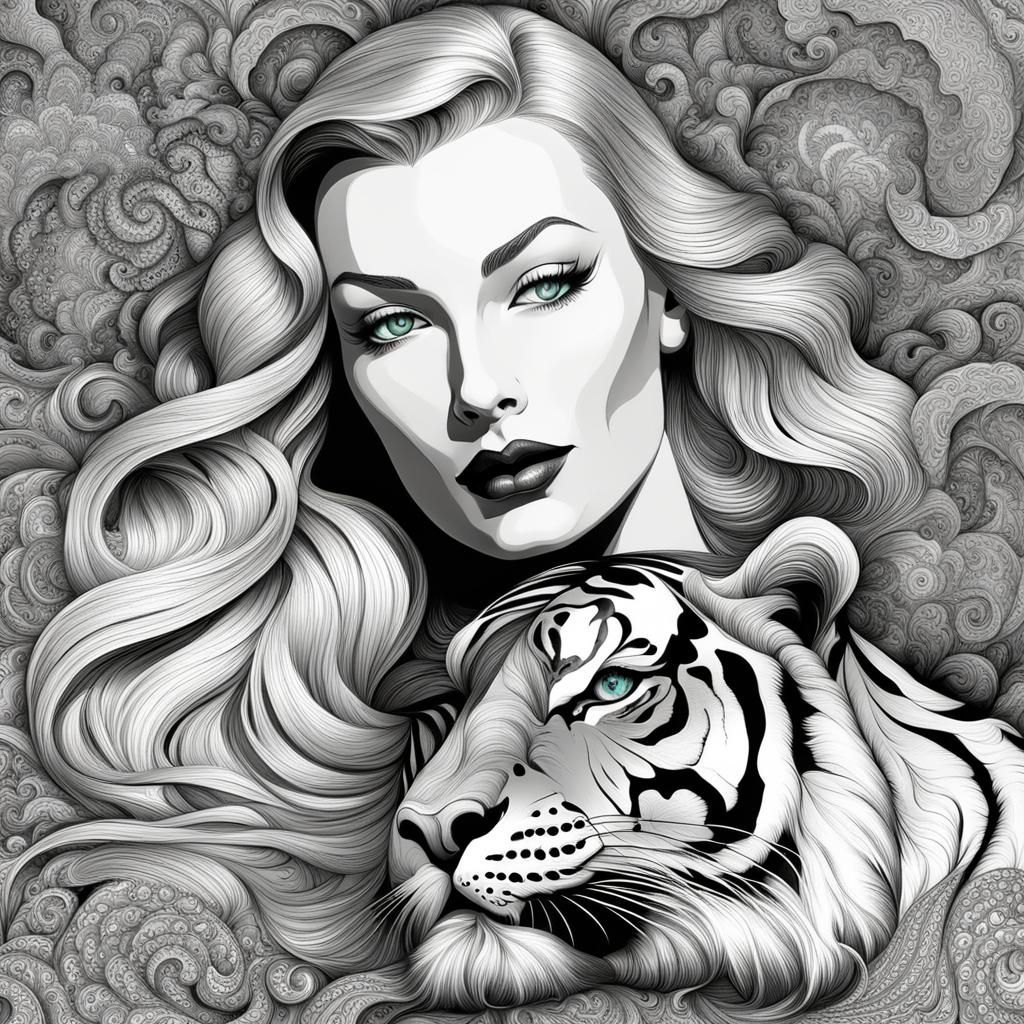 Woman on Tiger with Abstract Fractal Design