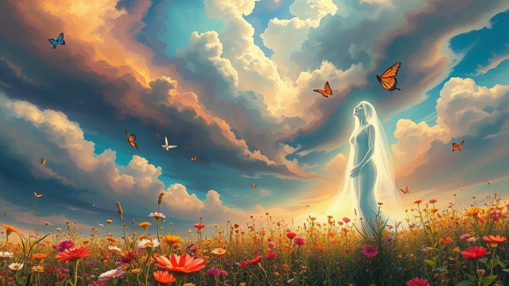 Ethereal Light Figure in Dreamlike Landscape