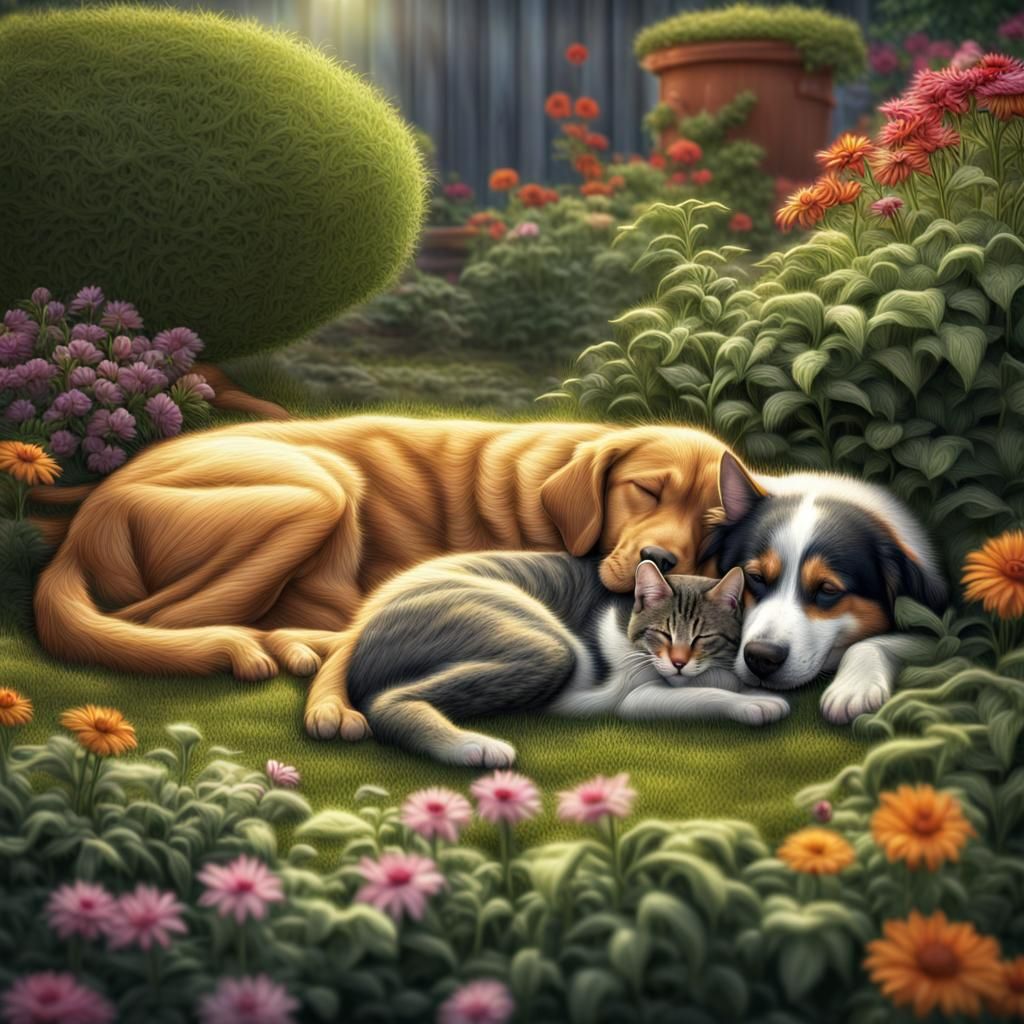 Cat and Dog Sleeping in Garden: Hyperrealistic 8K