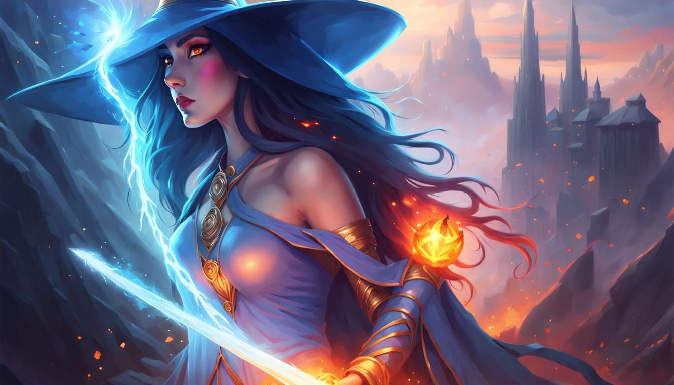 Blue Witch Ready for Battle in Fiery Wastelands