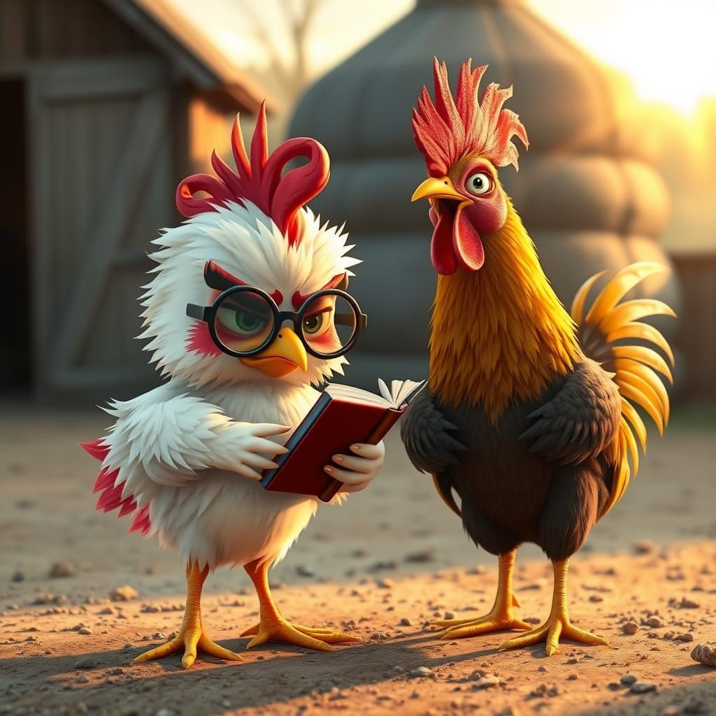 Chibi style. pixar. realistic textures. An obviously angry nerdy chick with ruffled feathers and oversized round glasses...