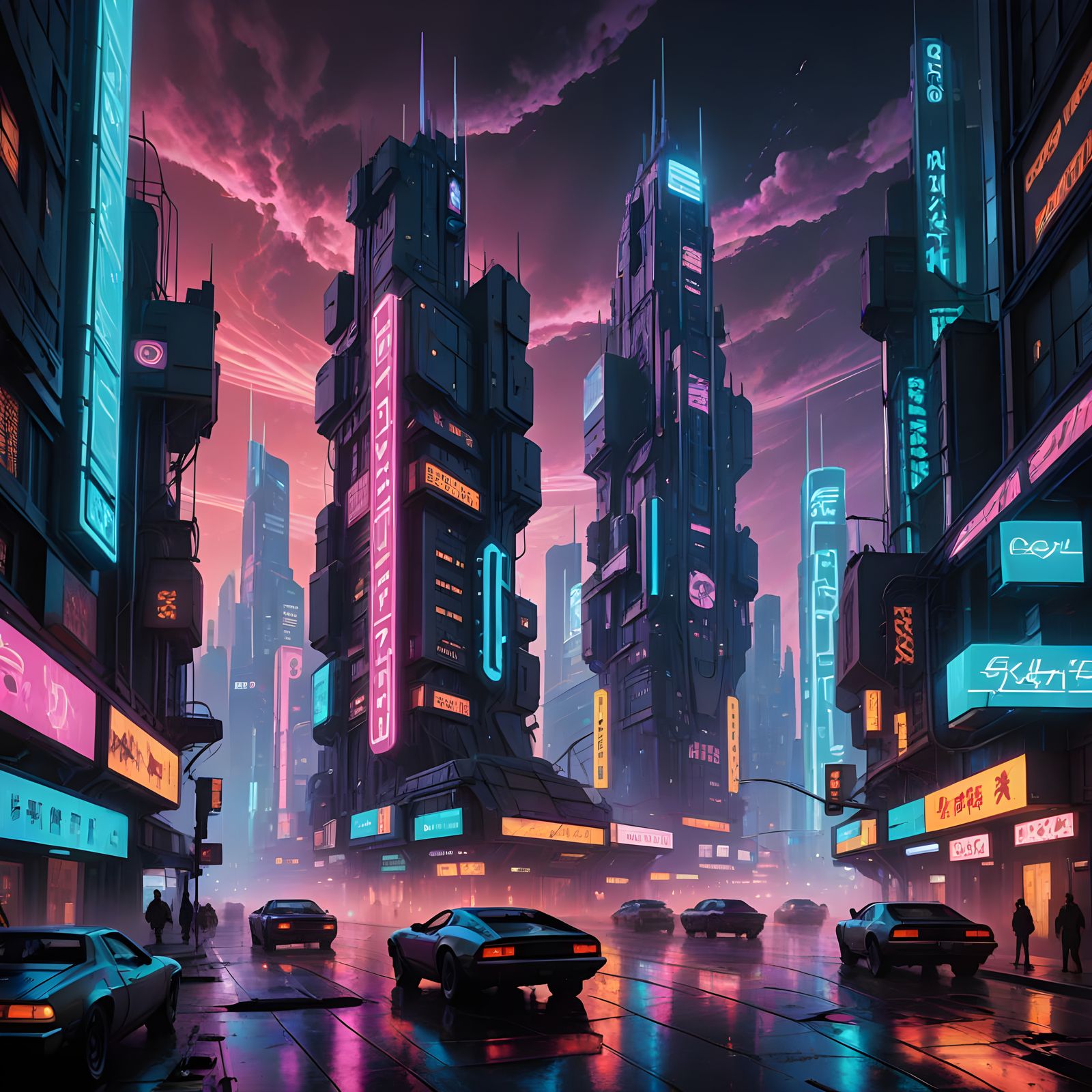 Surreal Futuristic Cityscape in Neon-Lit Dreamlike Style