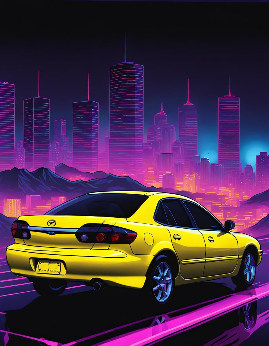 Yellow Mazda 6 GT in Neon Cityscape