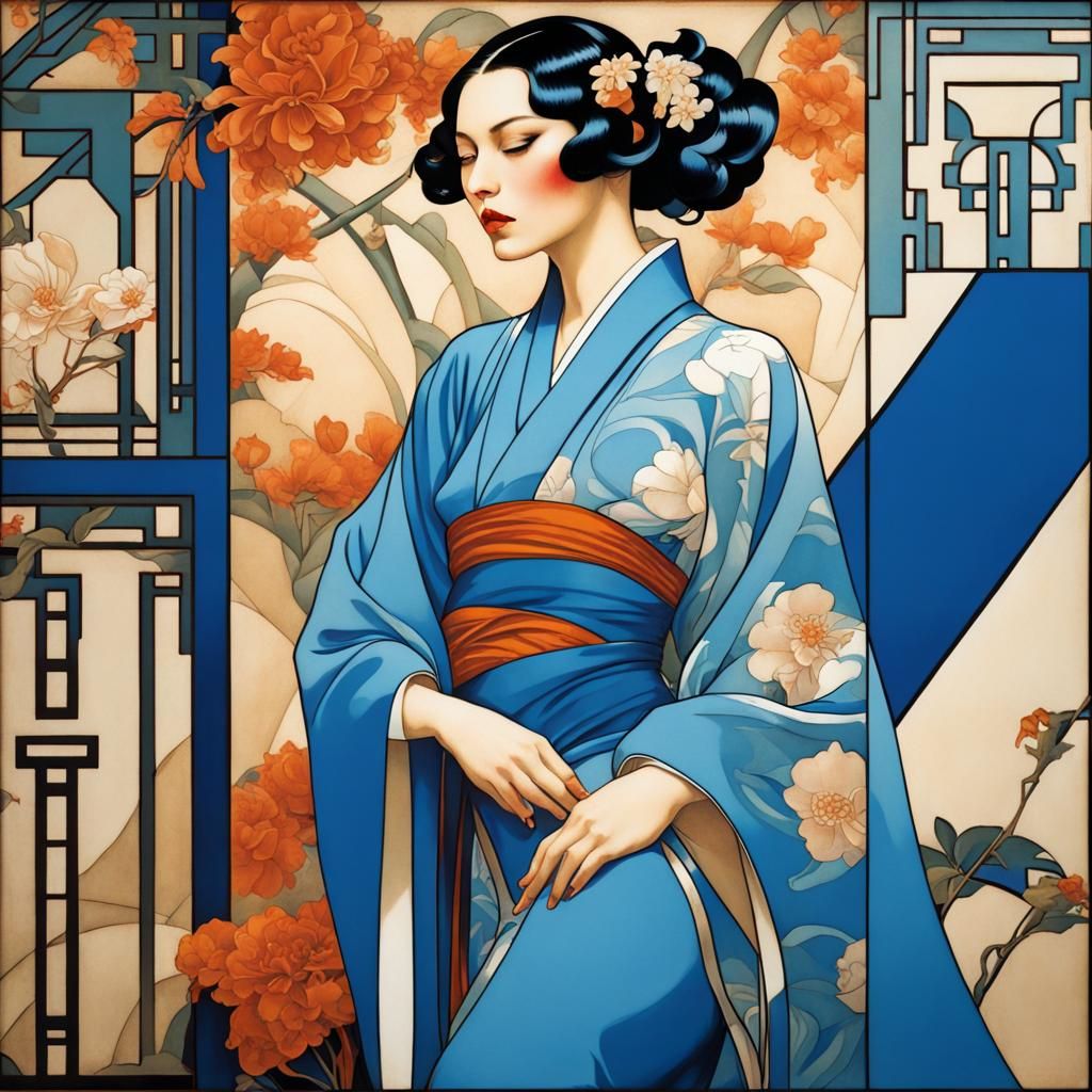 Art Deco Chinese Lady in Blue Hanfu