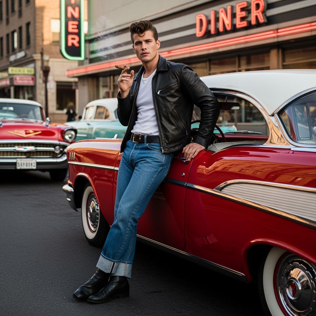 1950s Man with Pompadour Leaning on Classic Chevy