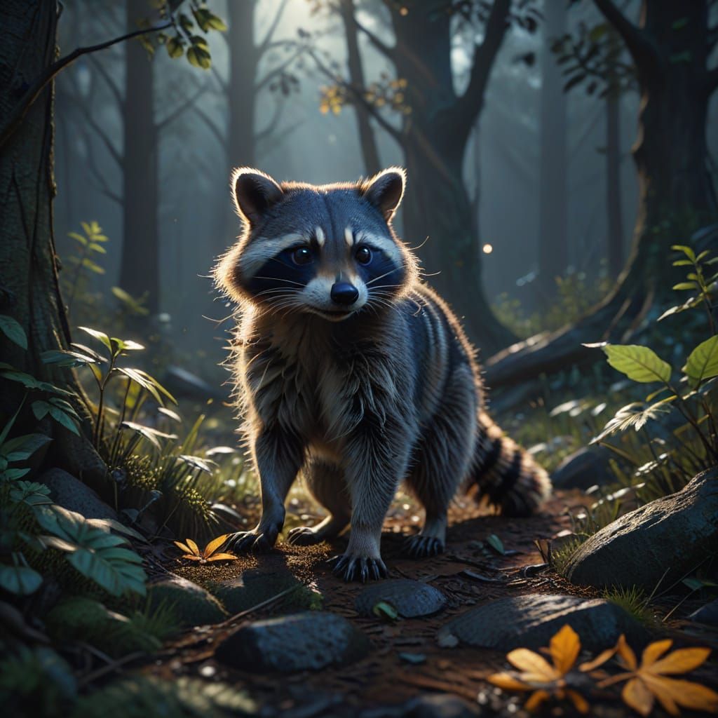 Raccoons Explore Forest Floor at Dusk