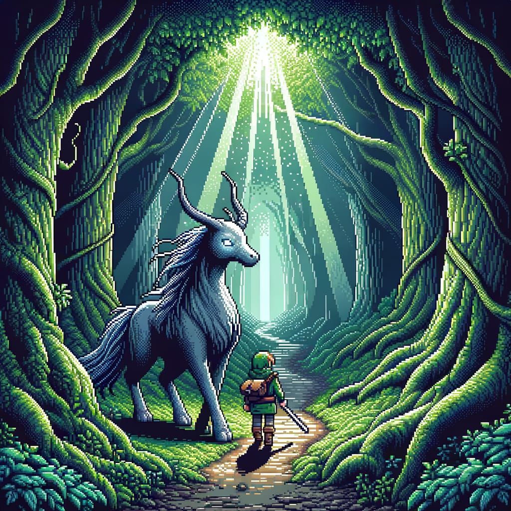 Adventurer and Mythical Beast in 16-bit Pixel Art