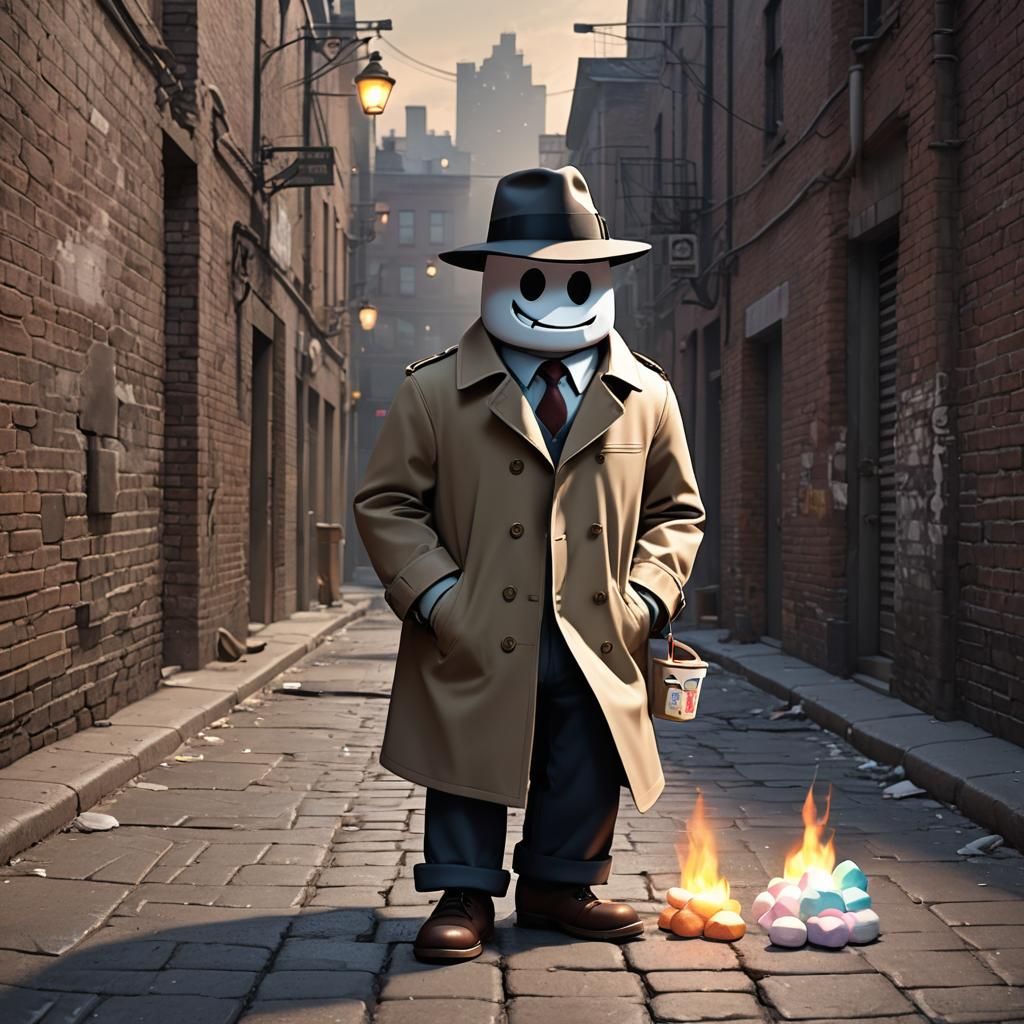 Cartoon Marshmallow Detective in Dark Alley: 3D Digital Art