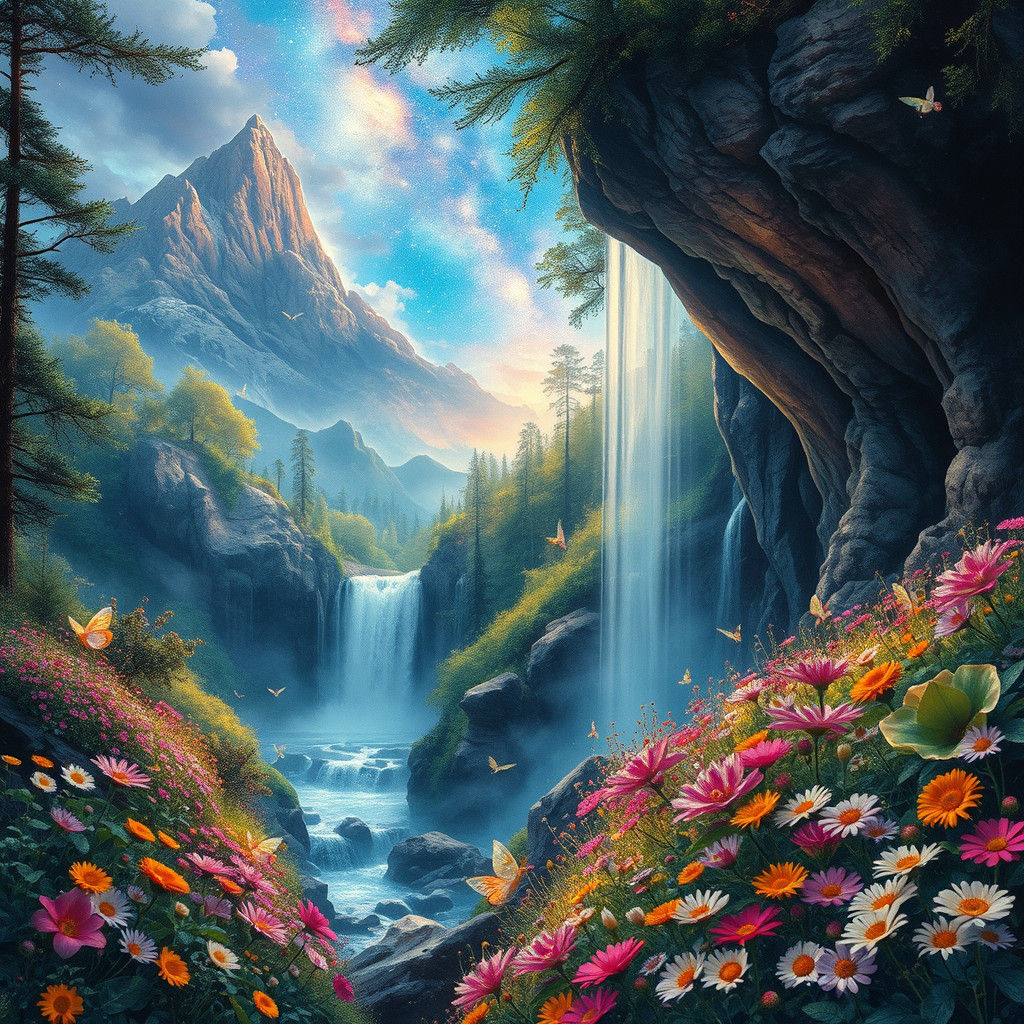 Mystical Forest Waterfall with Fairies in Watercolor Style