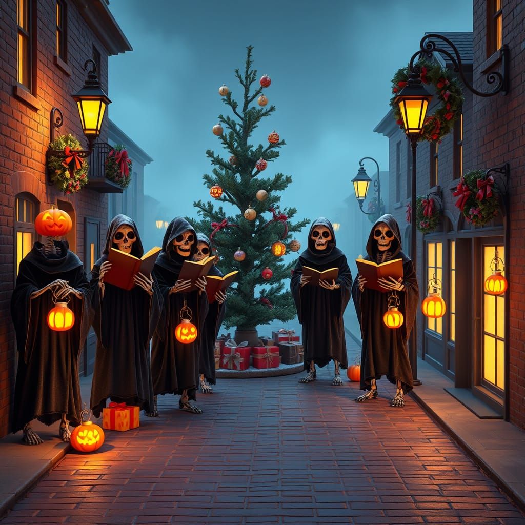 Victorian Skeletal Carolers Haunt Twilight Street