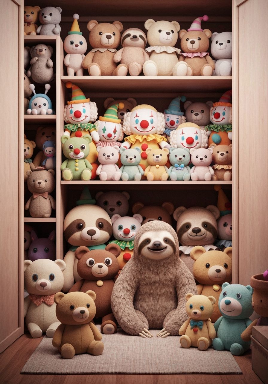 Stuffed Animals and a Sloth in a Cozy Closet