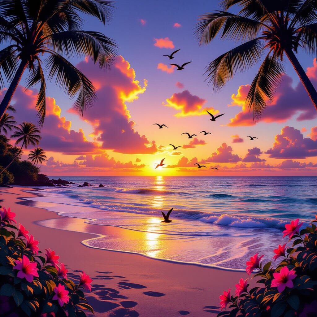 Fantastical Sunset Beach with Blooming Flowers and Soaring B...