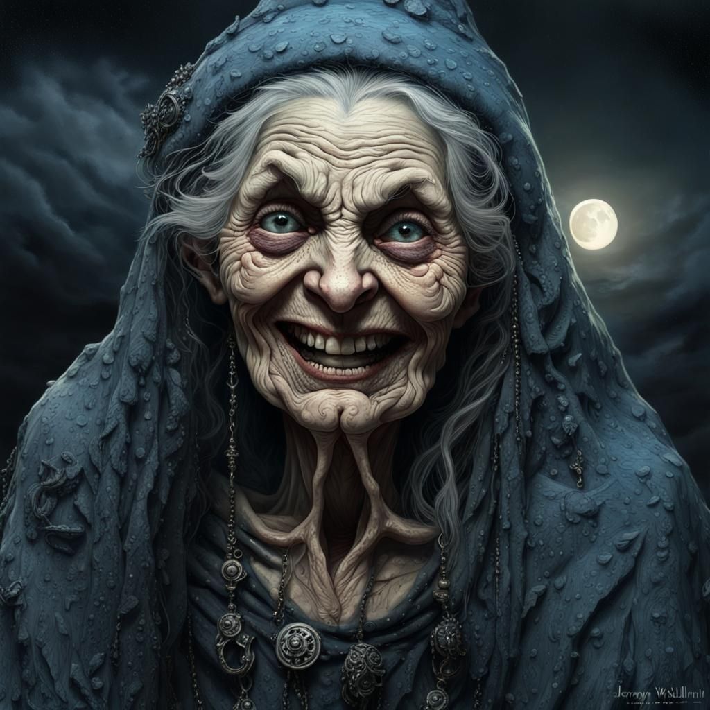 Detailed Portrait of an Ugly Witch in Moonlight