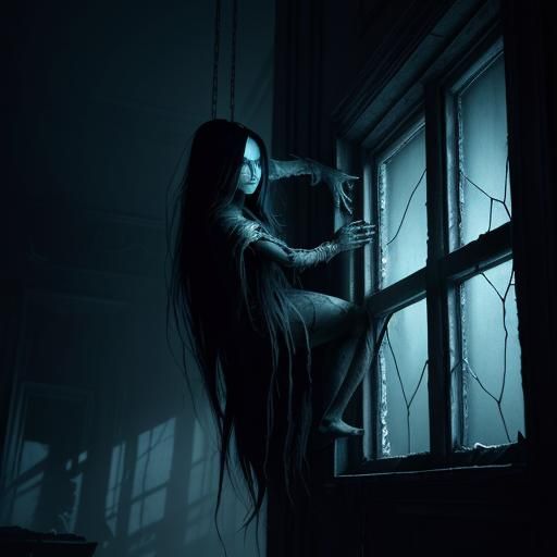Samara Climbs Through Window: Dark Fantasy Art