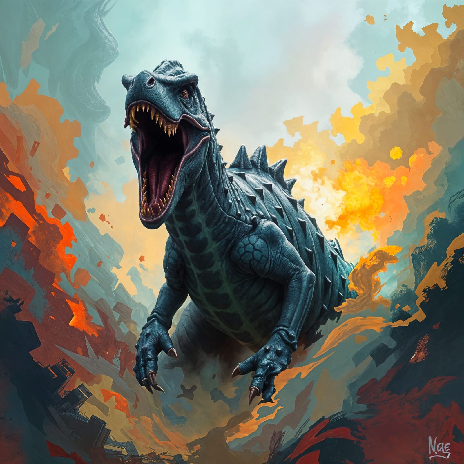 Menacing Dinosaur Emerges from Colorful Fog