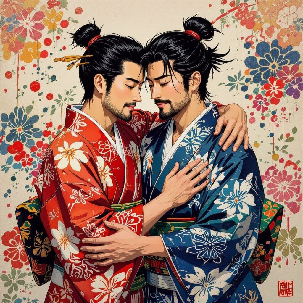 Elegant Japanese Men Embrace in Vibrant Inksplash Art
