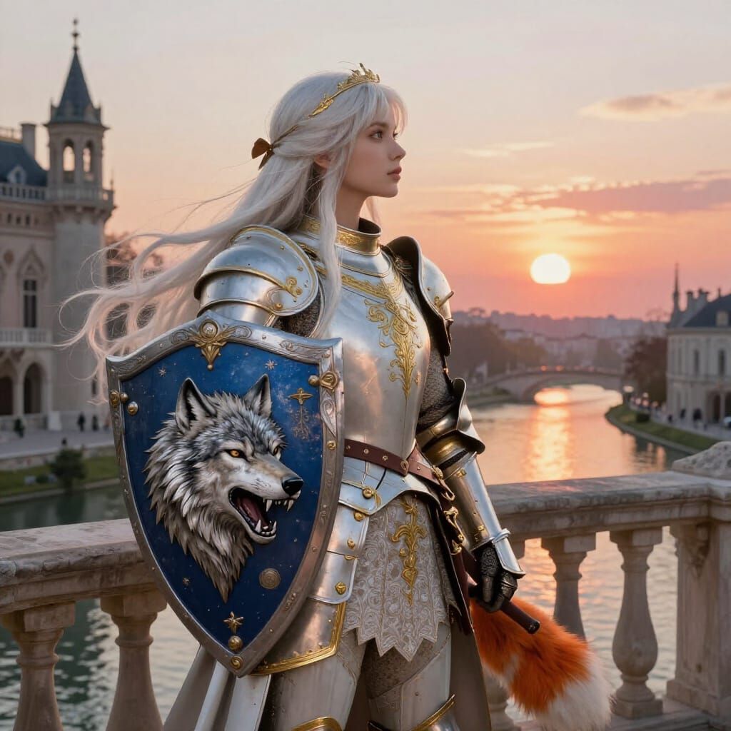 Warrior Girl with Wolf Shield at Sunrise