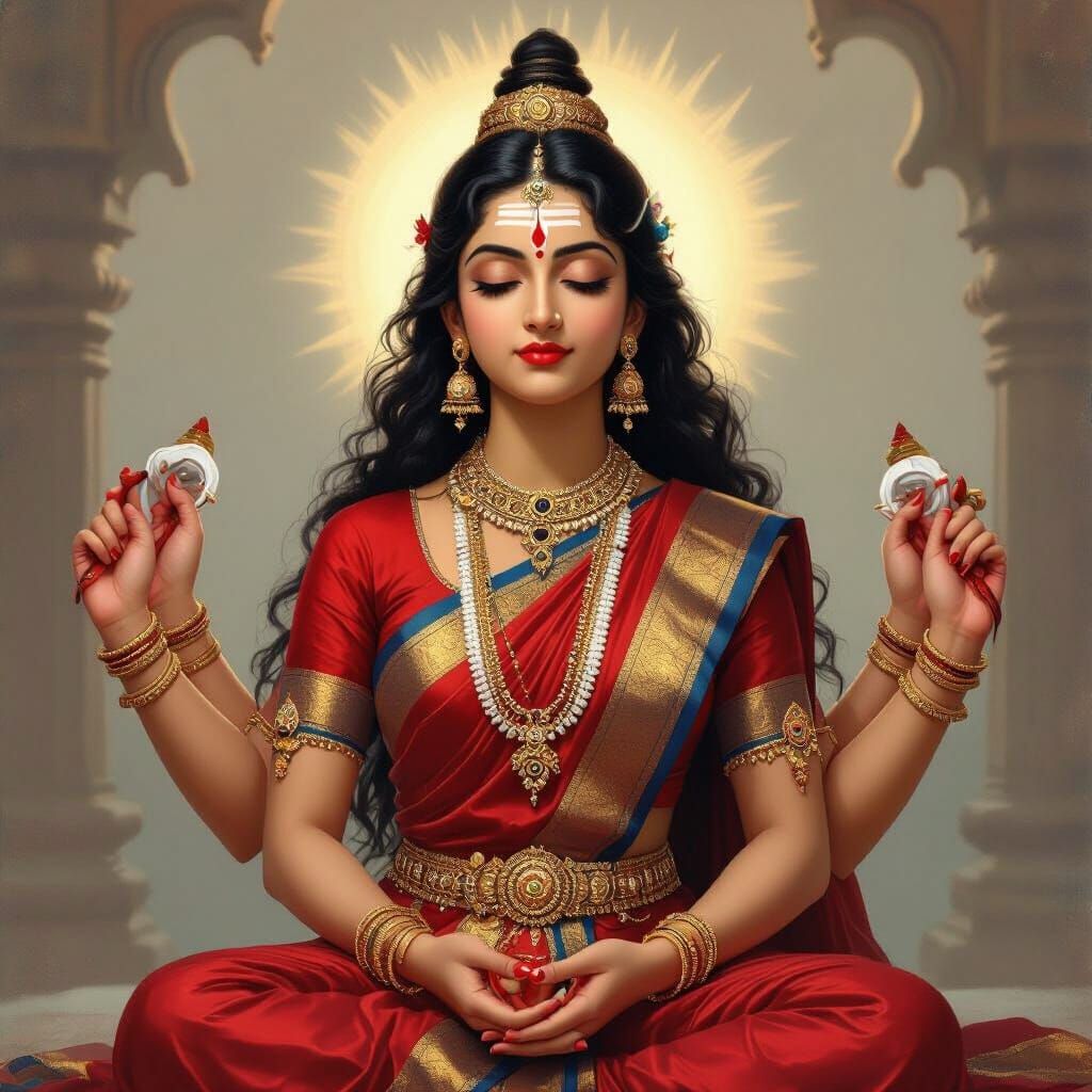 Young Goddess Durga in Contemplation, Devi Art Style