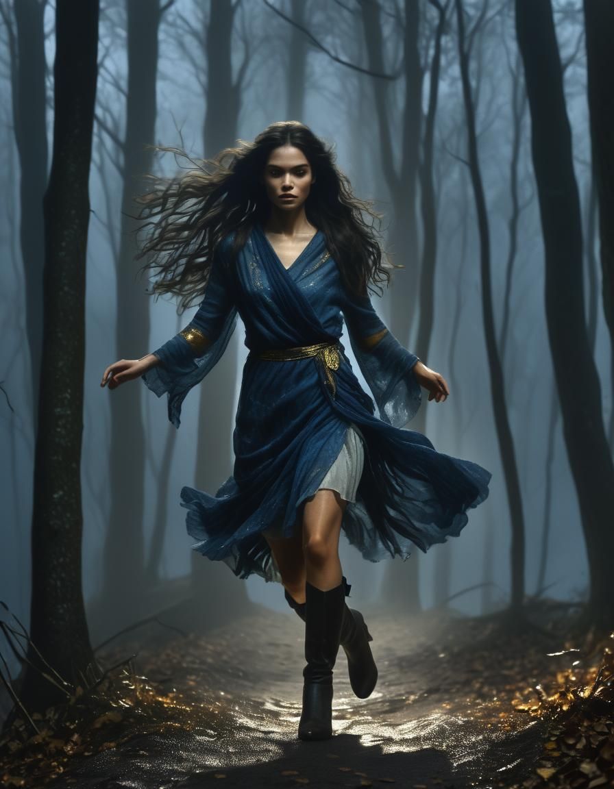 Woman Runs Through Foggy Forest: Renaissance Style
