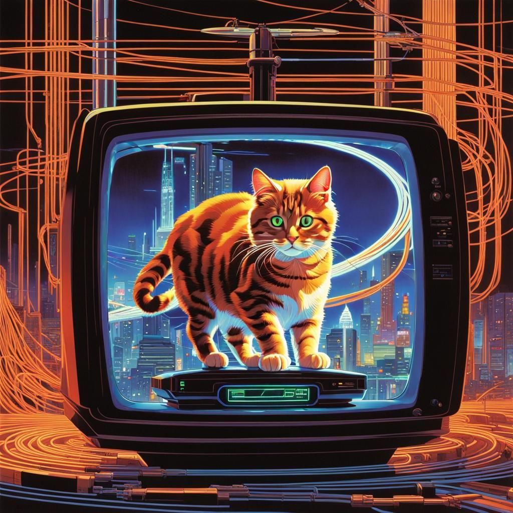 Funny Cat on CRT Monitor in Cyberpunk Style