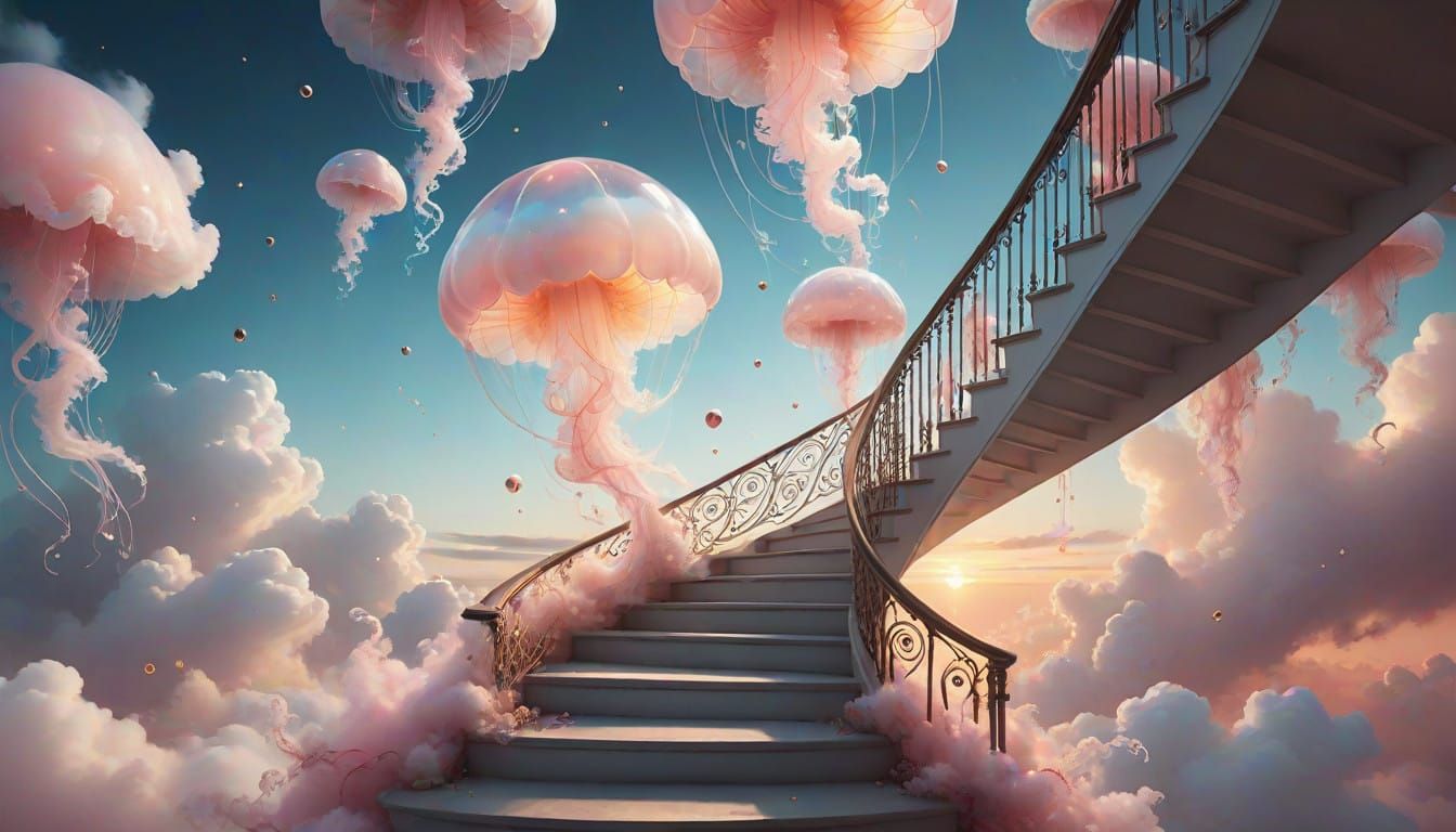 Ethereal Staircase Ascends into Sunset Clouds