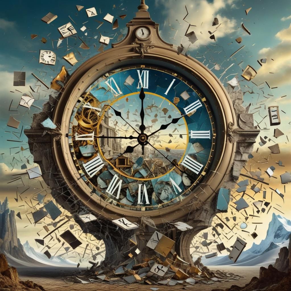 Shattered Clock Reflecting Time: Surreal Digital Art