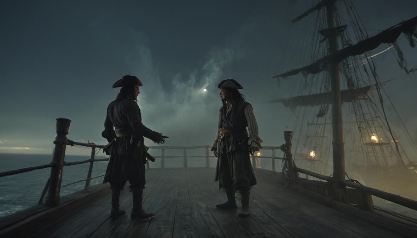 Johnny Depp as Jack Sparrow, faces off nose to nose with Jet...