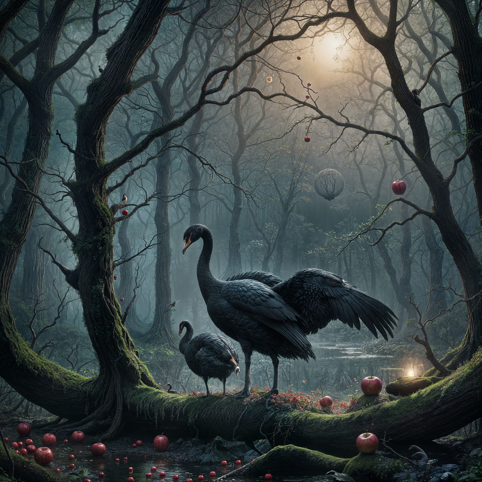 Surreal Forest Scene with Apple and Swan