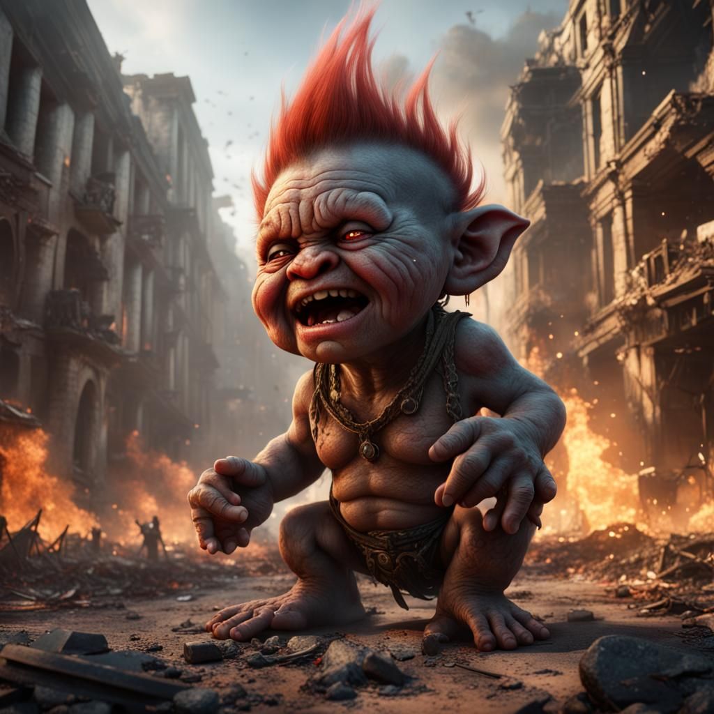 Crying Baby Troll in War Zone: Fantasy Art