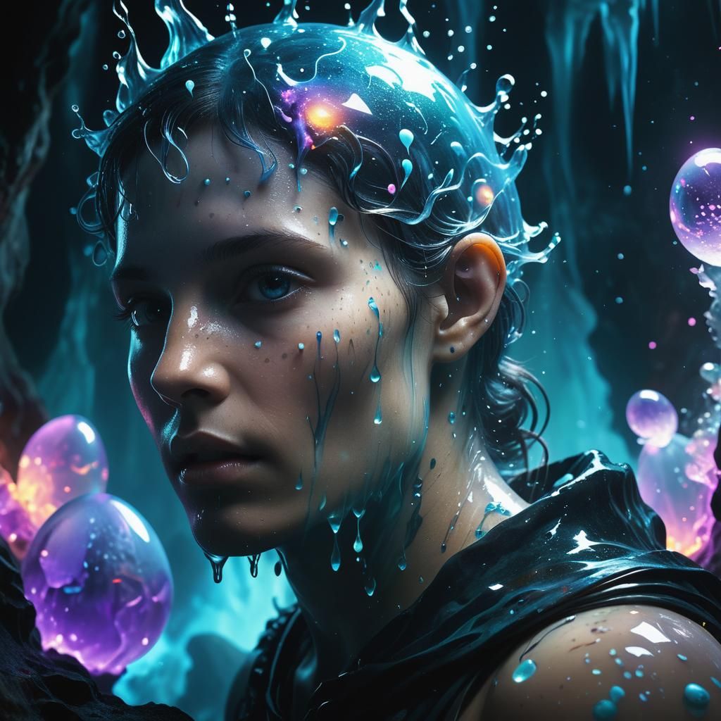 Water Elementals in Crystal Cavern, Iridescent Digital Art