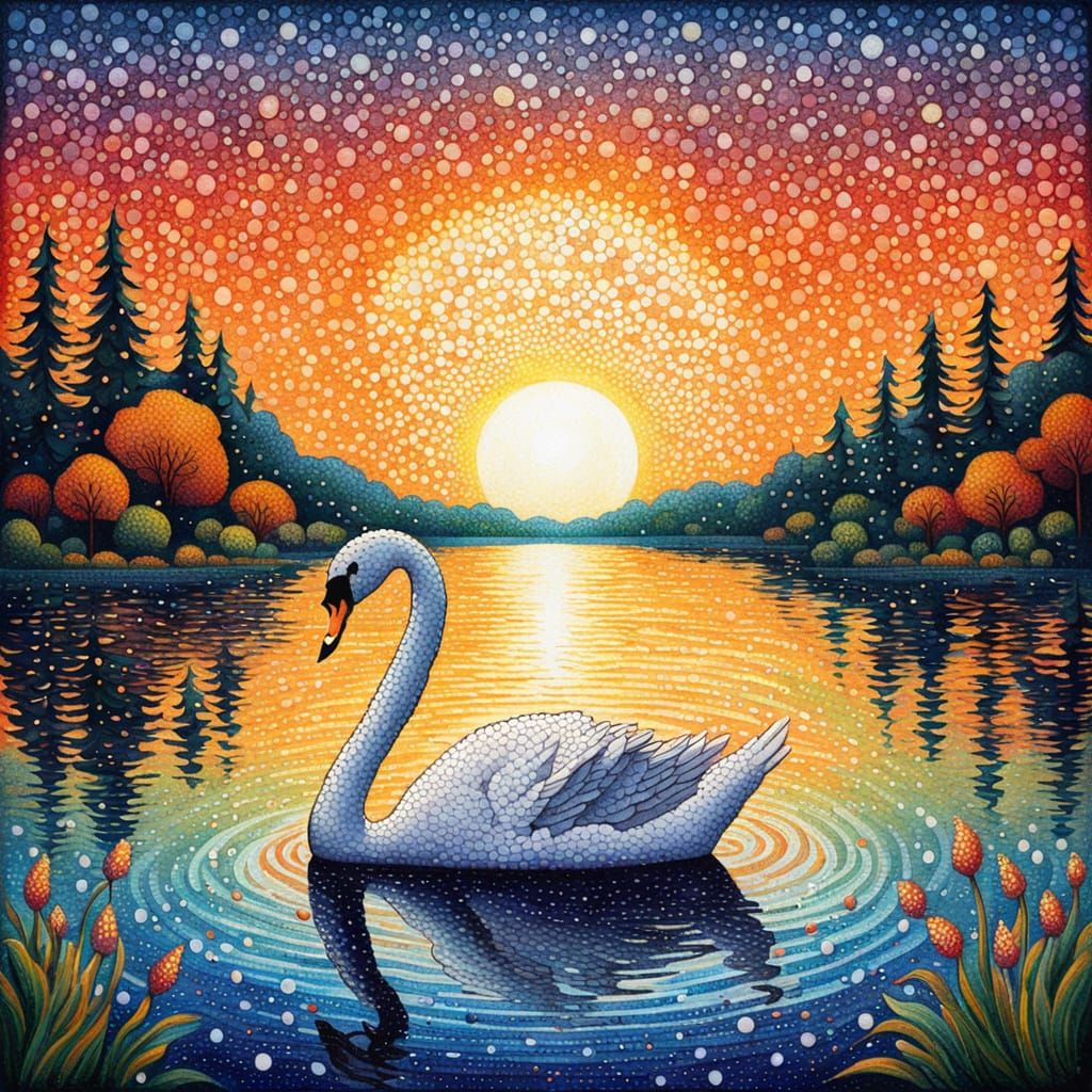 Swan in Lake: A Pointillist Sunset Scene