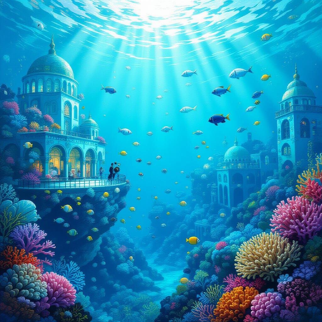 Underwater Metropolis With Coral and Fish in Gouache Style