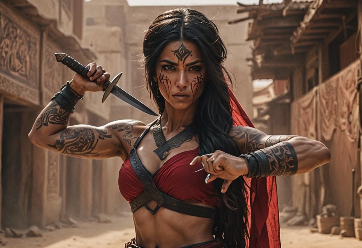 Muscular Arabian Woman Assassin in Cinematic Still