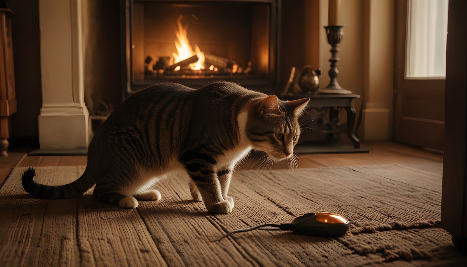 Cozy Film Still of Cat Playing with Rubber Mouse