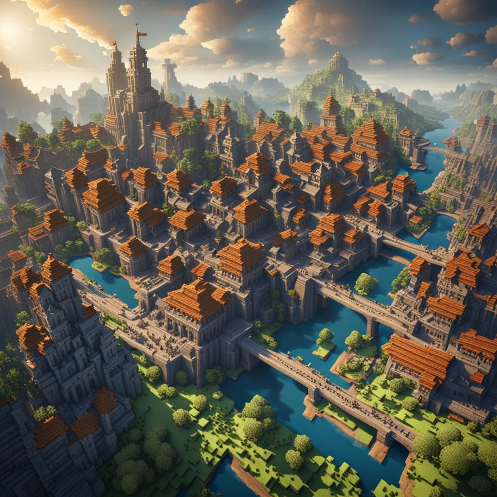 Detailed Minecraft City with People: Matte Painting