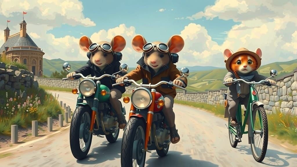Mice on Motorcycles Overtake Cat on Bike in Whimsical Matte ...