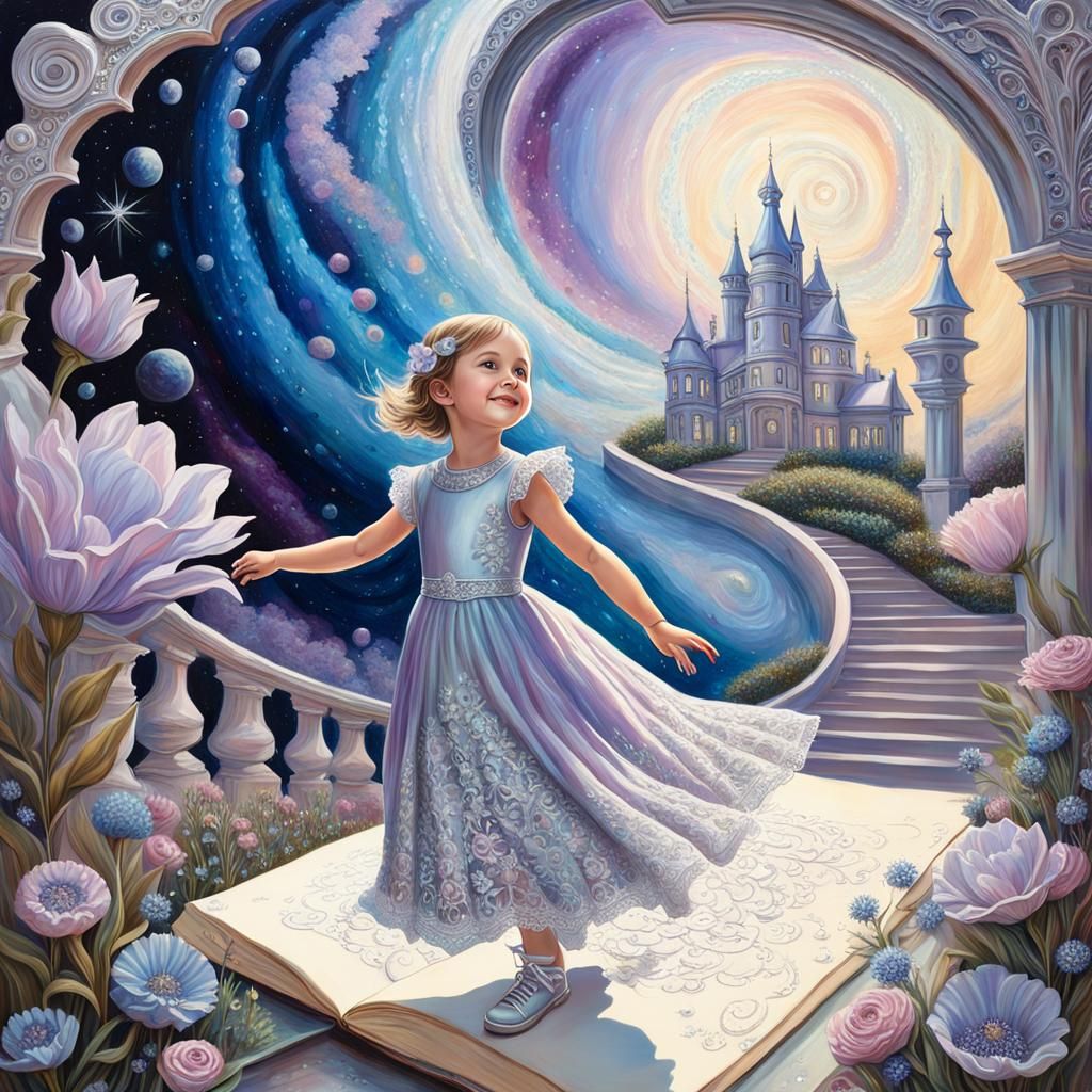 Dreaming Girl Twirling in Cosmic Landscape, 3D Oil Painting