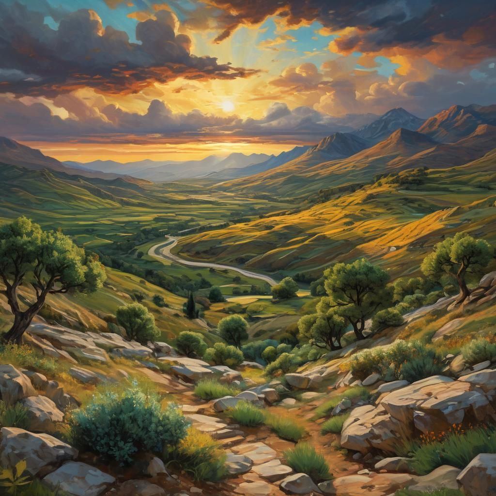 Golden Sunset Landscape Painting with Lush Trees