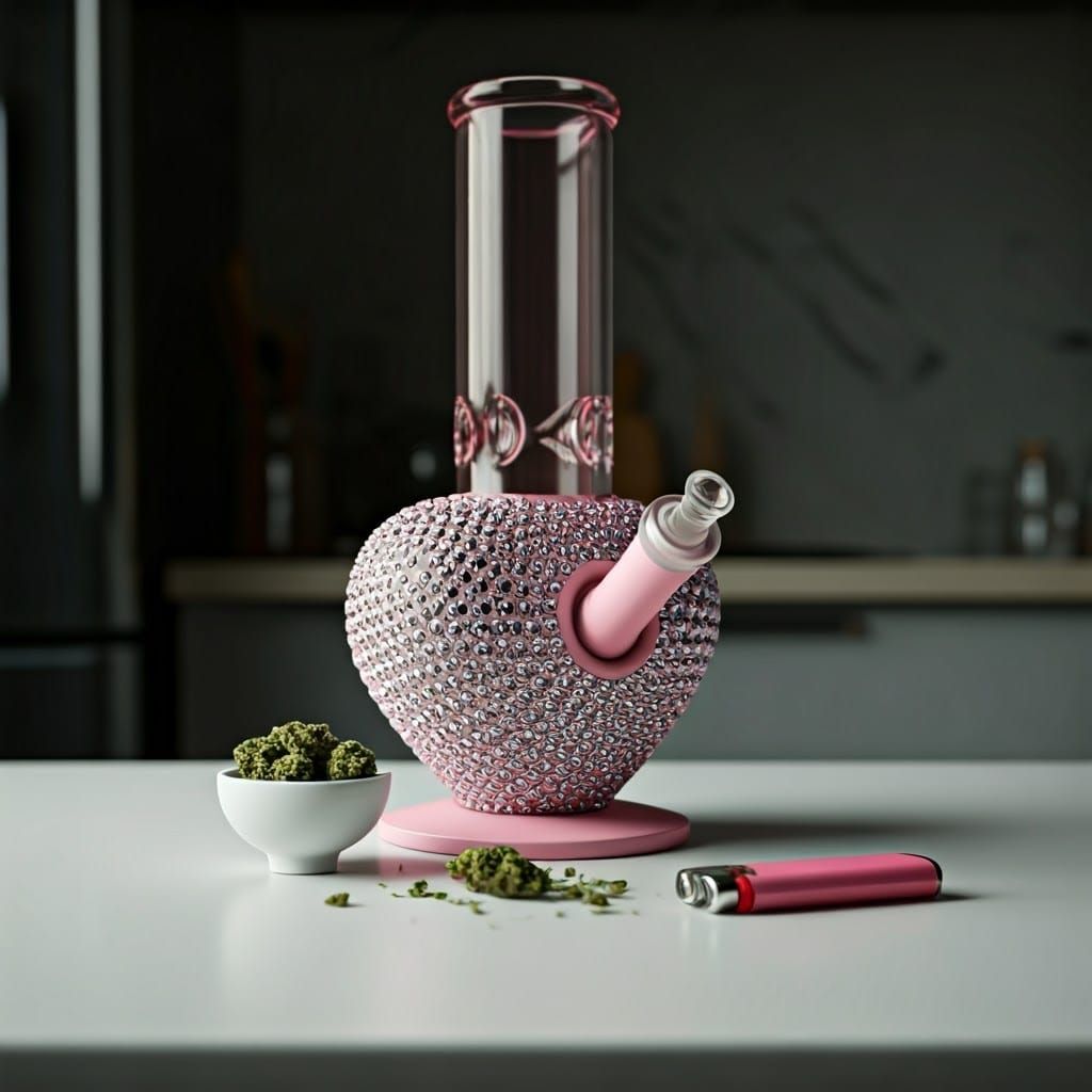 Sleek Pink Heart-Shaped Bong on Modern Kitchen Table